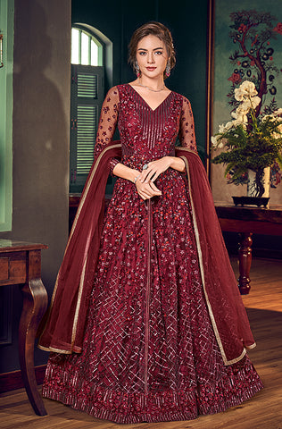 Georgette Party Wear Gown in Red and Maroon with Embroidered work | Party  wear gown, Gowns, Wearing red